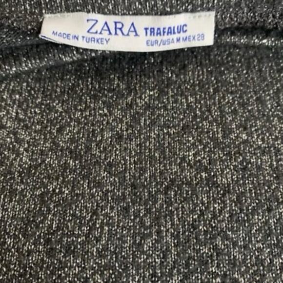 Zara Trafaluc Sparkle Metallic Top Sz Medium Black Silver 3/4 Sleeve Coquette - Picture 4 of 7